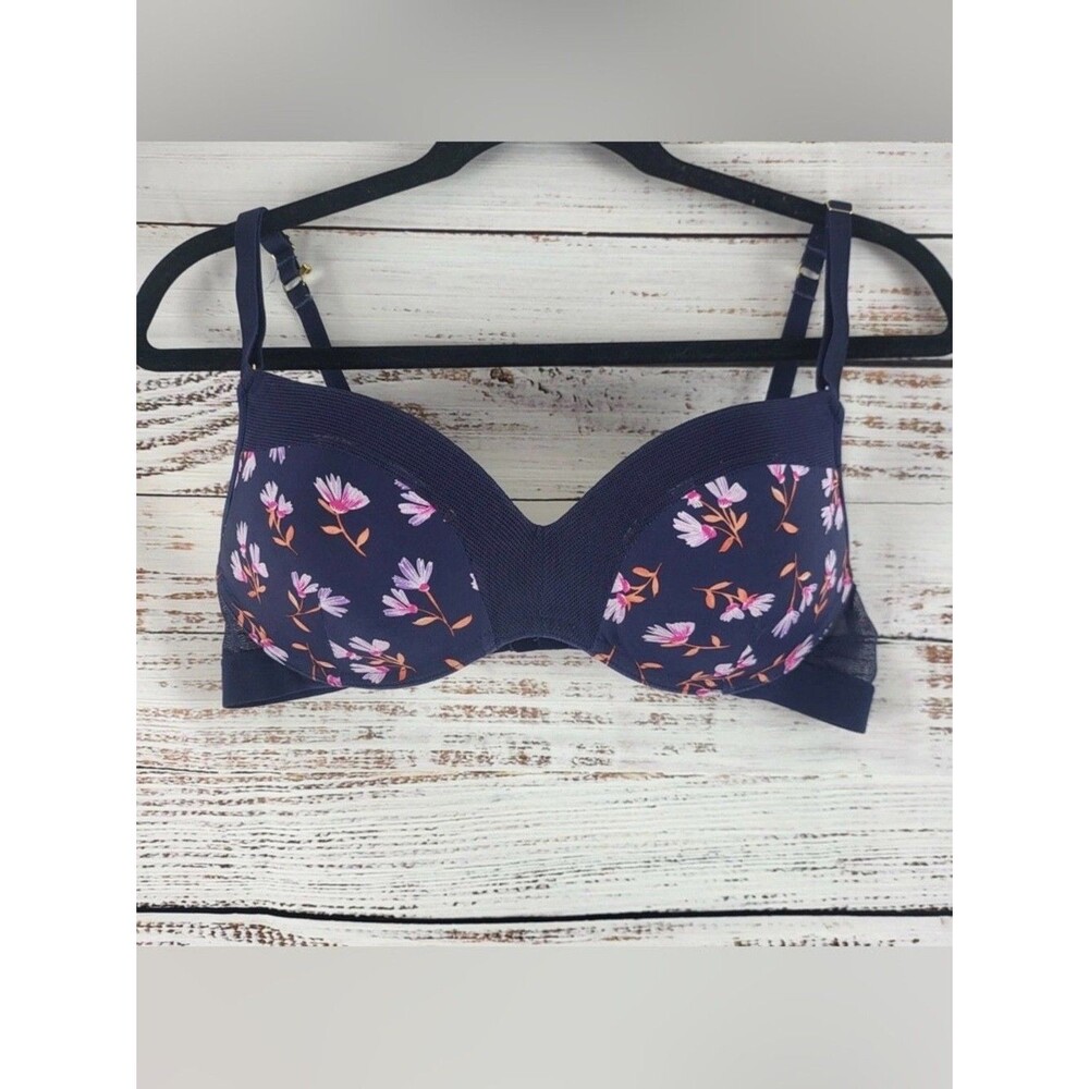 Lively Bra 36 Womens Blue Floral Print Wireless Adjustable Straps